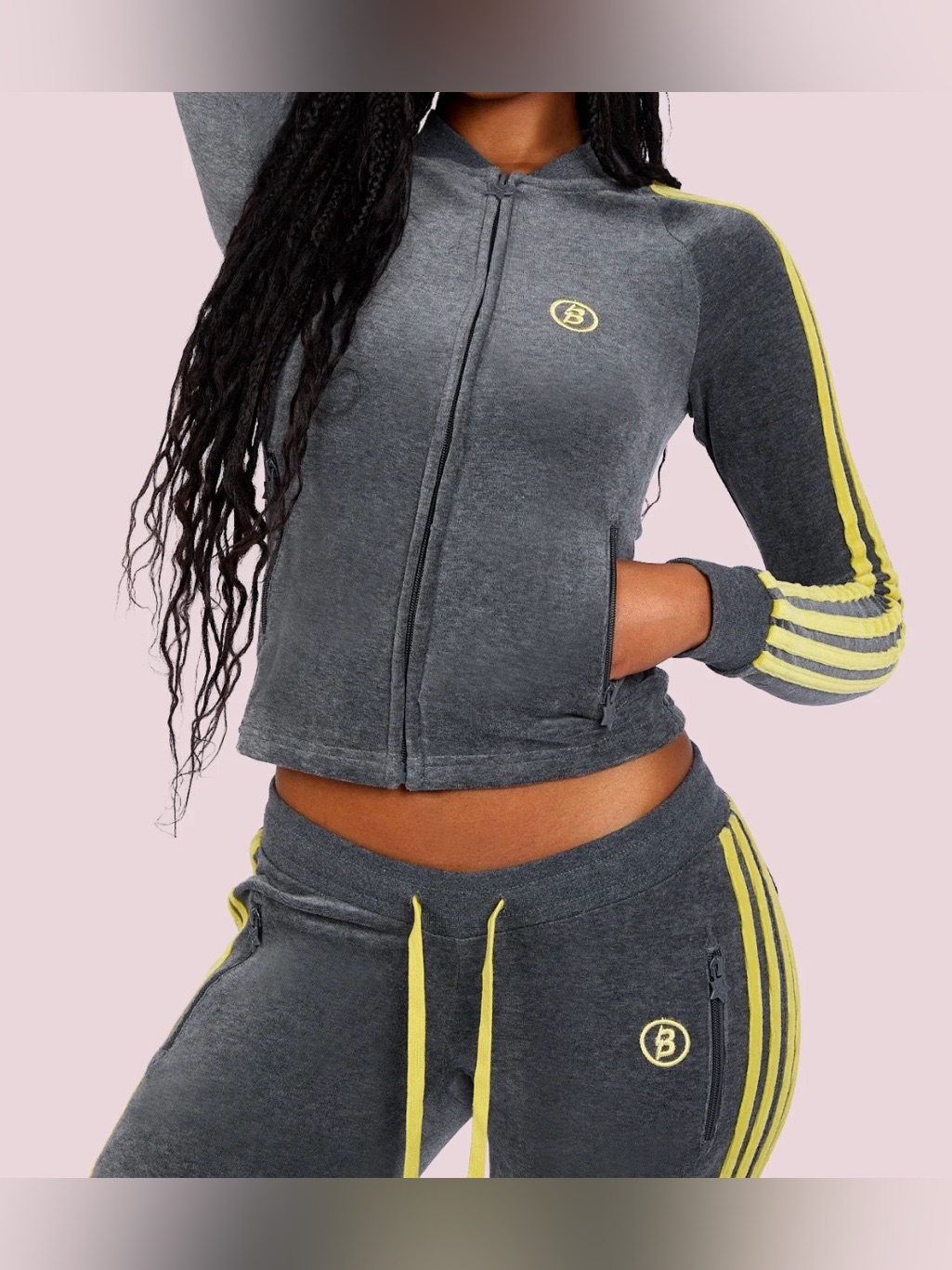 Body By Raven Tracy Velour Track Suit Charcoal/Lime Yellow Jacket (M) & Pants(S)
